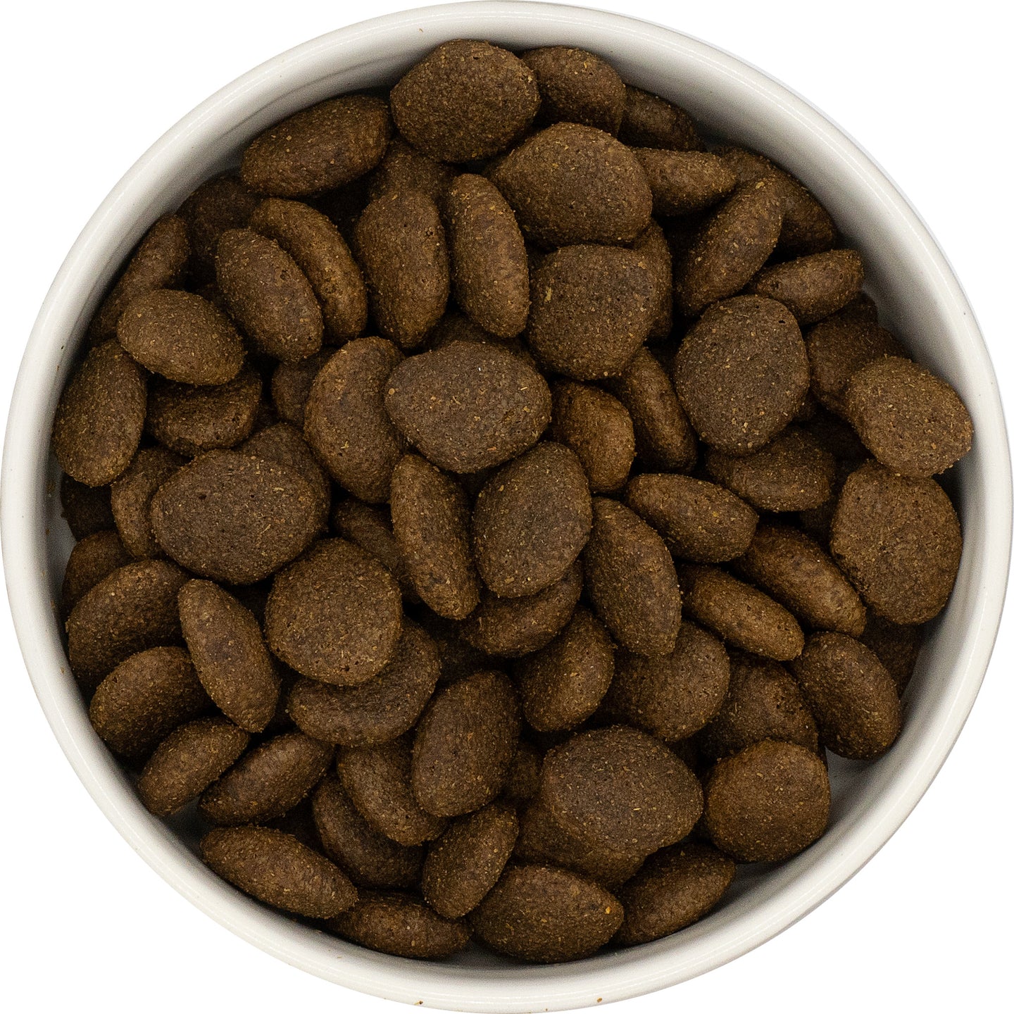 A white bowl filled with Hilltop Super Premium Adult Dog Food—Fish & Potato, viewed from above.