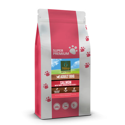 Hilltop Super Premium Adult Dog Food - Fish & Potato with Skin-Soothe, supports skin health, paw print packaging.