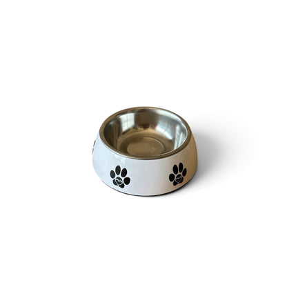 White pet bowl with black paw print motif with stainless steel removable inner bowl