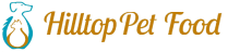 Logo with outline of a dog and cat next to the text Hilltop Pet Food in orange cursive font.