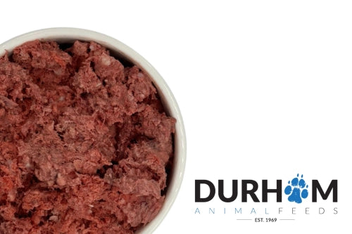 Hilltop Pet Food Durham Goat Complete Mince 454g, raw dog food, beside the Durham logo on a white background.