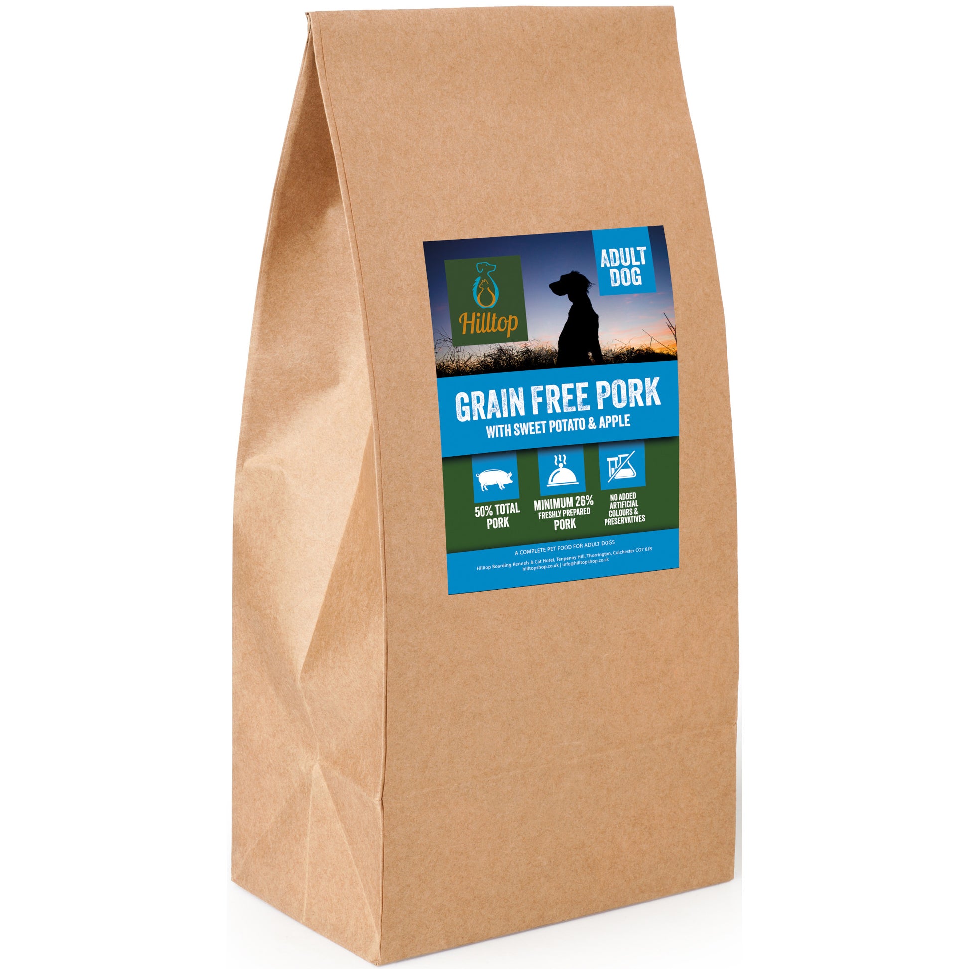 A brown bag of Hilltop Pet Food Grain Free Adult Dog Food—Pork, Sweet Potato & Apple for digestive health.