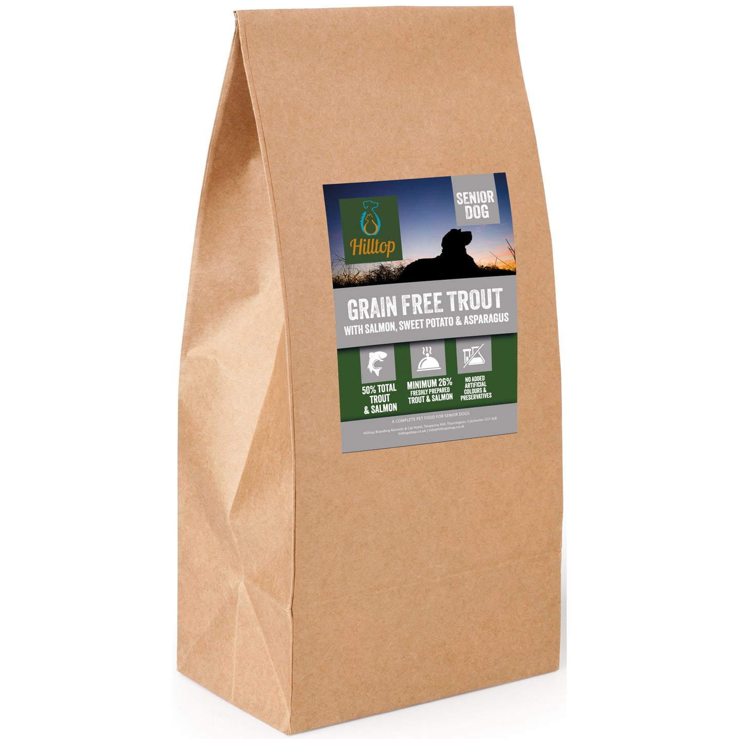 Brown bag of Hilltop Pet Food Grain Free SENIOR Dog Food—Trout, Salmon, Sweet Potato & Asparagus with label.
