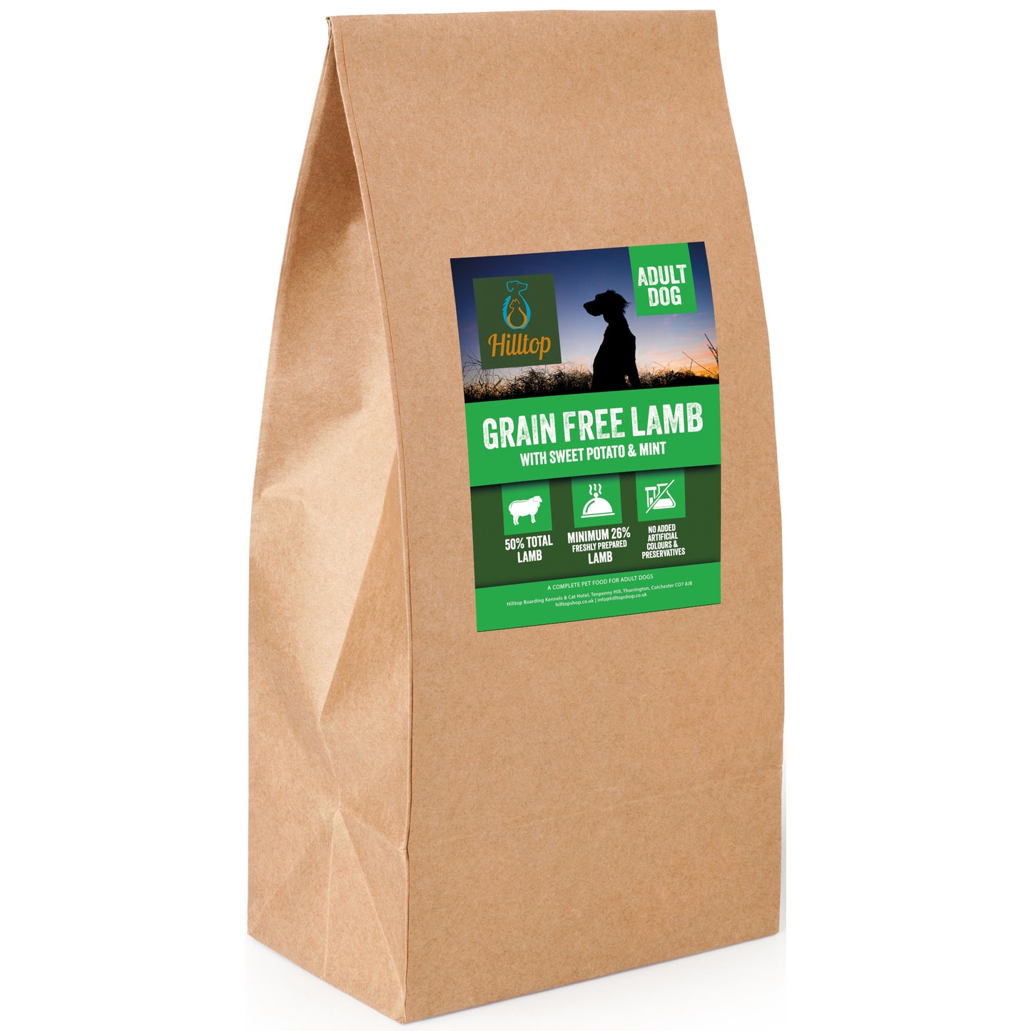 Brown paper bag of Hilltop Pet Food Grain Free Lamb, Sweet Potato & Mint for adult dogs with green label and dog image.