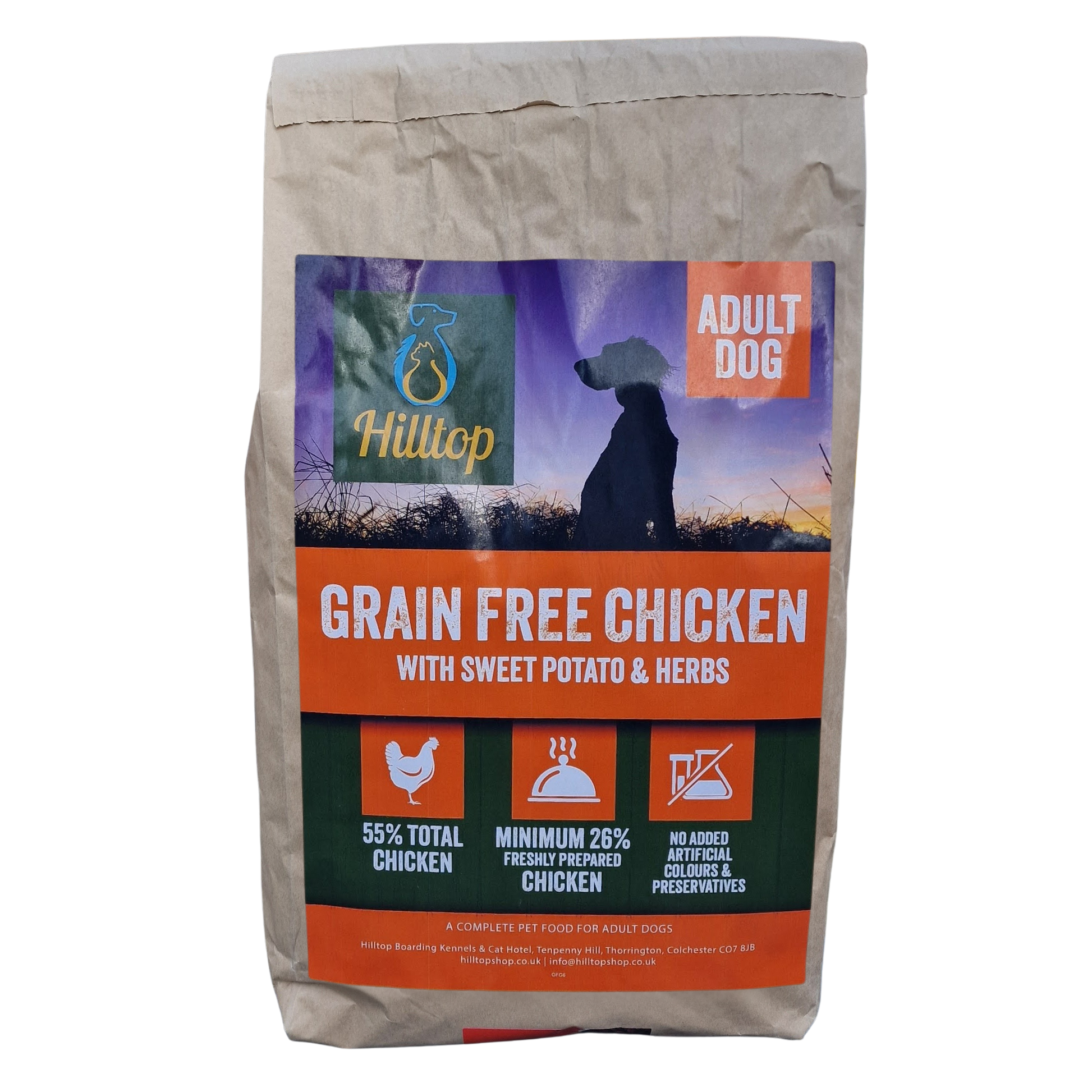 A bag of Hilltop Pet Foods Grain Free Adult Dog Food - Chicken, Sweet Potato & Herbs with a dog silhouette.