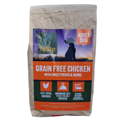 A bag of Hilltop Pet Foods Grain Free Adult Dog Food - Chicken, Sweet Potato & Herbs with a dog silhouette.