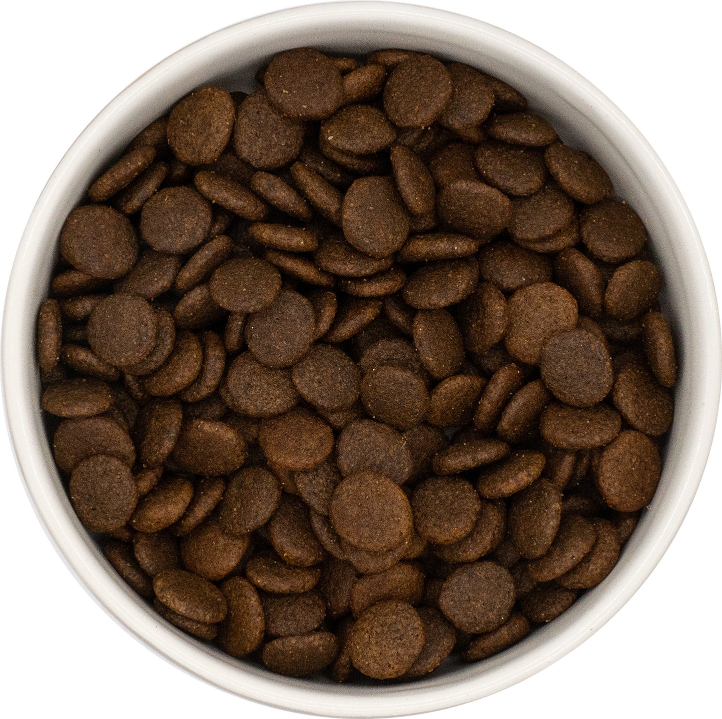A white bowl filled with Hilltop Grain Free Adult Dog Food - Chicken, Sweet Potato & Herbs, seen from above.