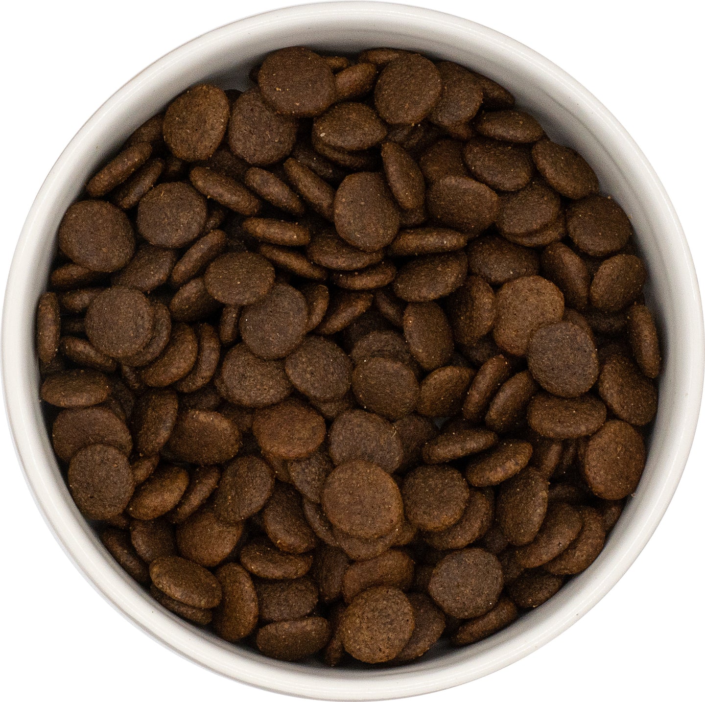 A white bowl filled with Hilltop Grain Free Adult Dog Food - Chicken, Sweet Potato & Herbs, seen from above.