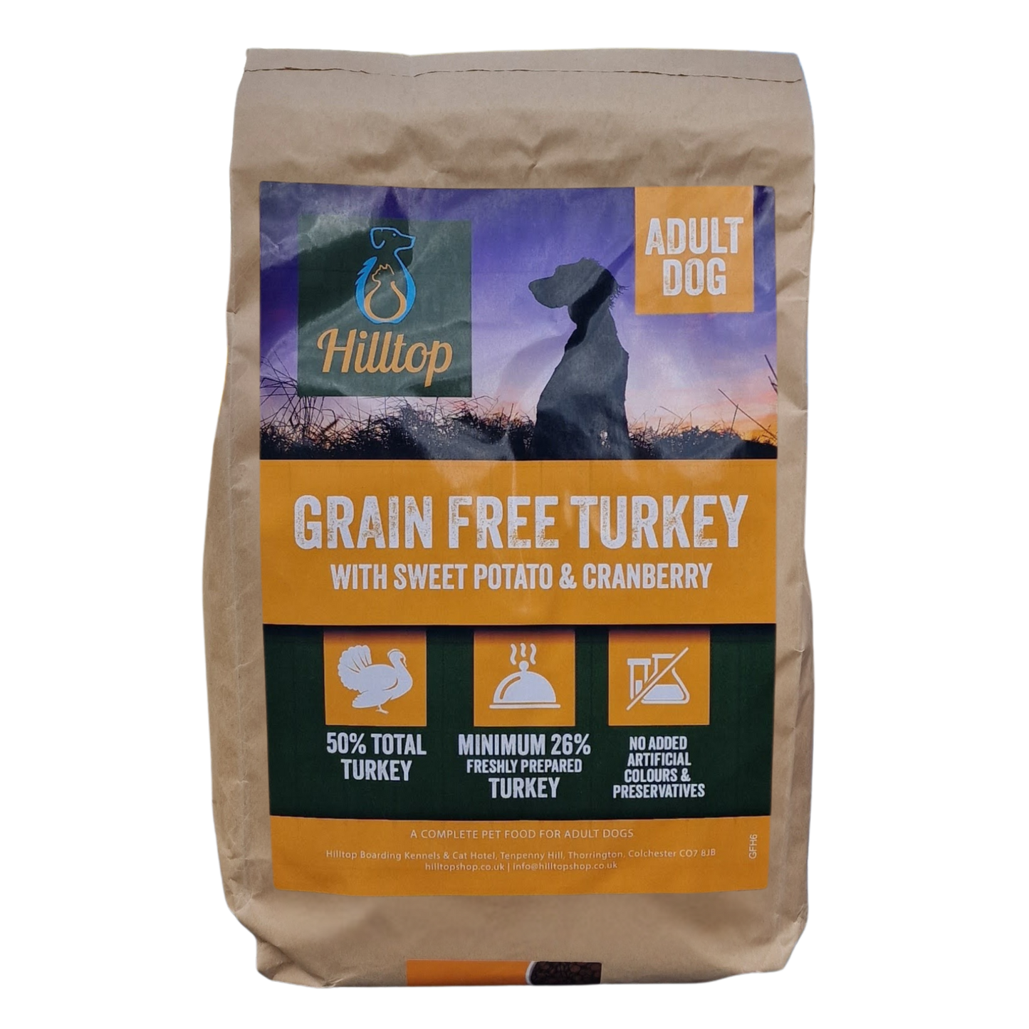 6kg bag of Hilltop Grain Free Turkey dog food on a transparent background.