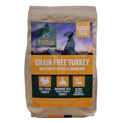 6kg bag of Hilltop Grain Free Turkey dog food on a transparent background.