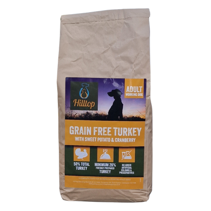 A brown bag of Hilltop Grain Free Adult Dog Food - Turkey, Sweet Potato & Cranberry, rich in omega 3.