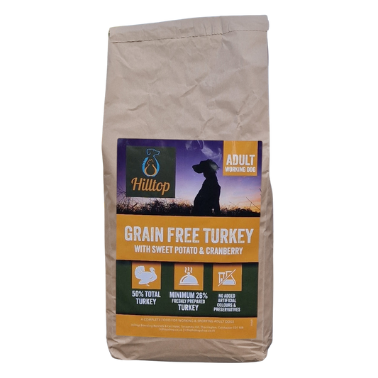 A brown bag of Hilltop Grain Free Adult Dog Food - Turkey, Sweet Potato & Cranberry, rich in omega 3.