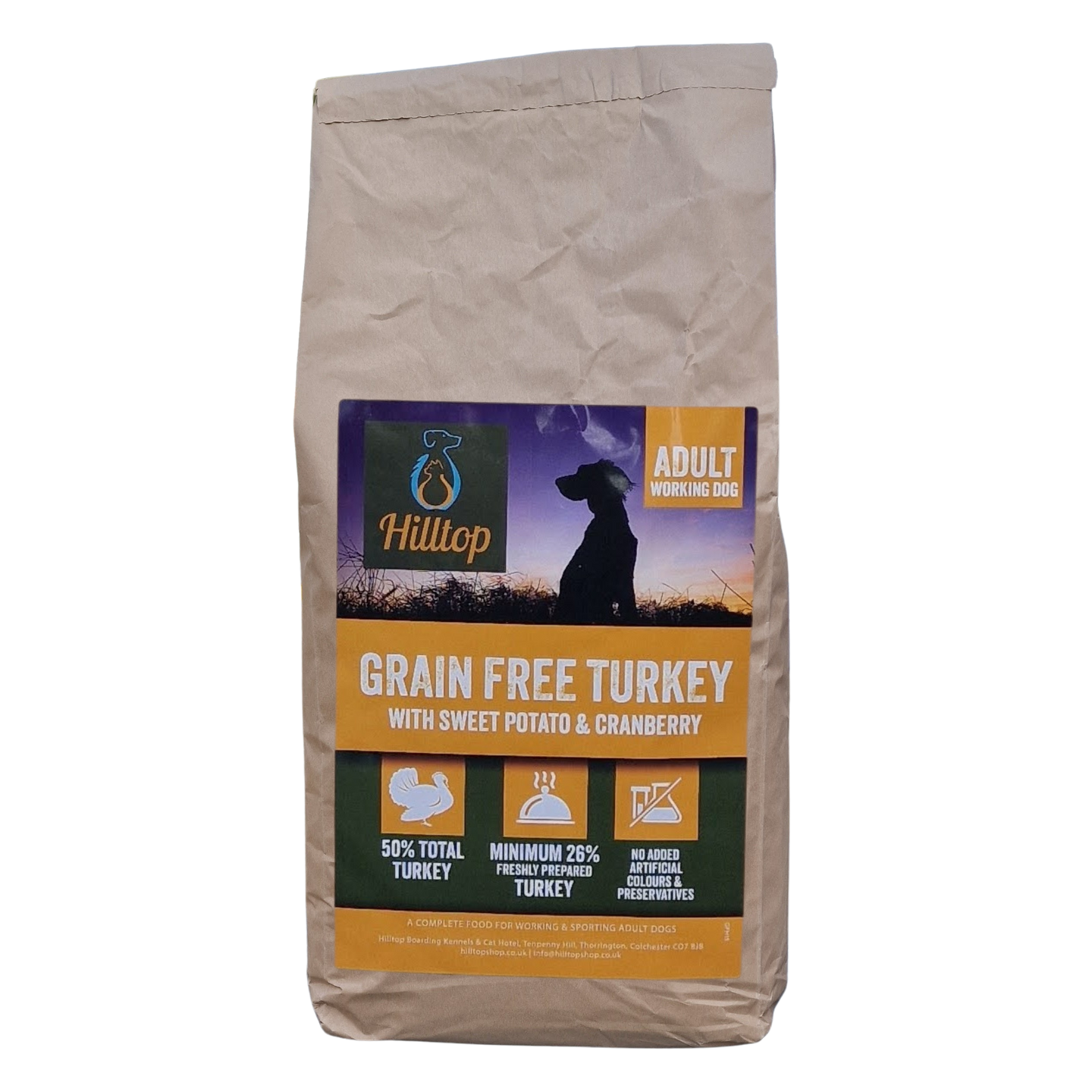 A brown bag of Hilltop Grain Free Adult Dog Food - Turkey, Sweet Potato & Cranberry, rich in omega 3.