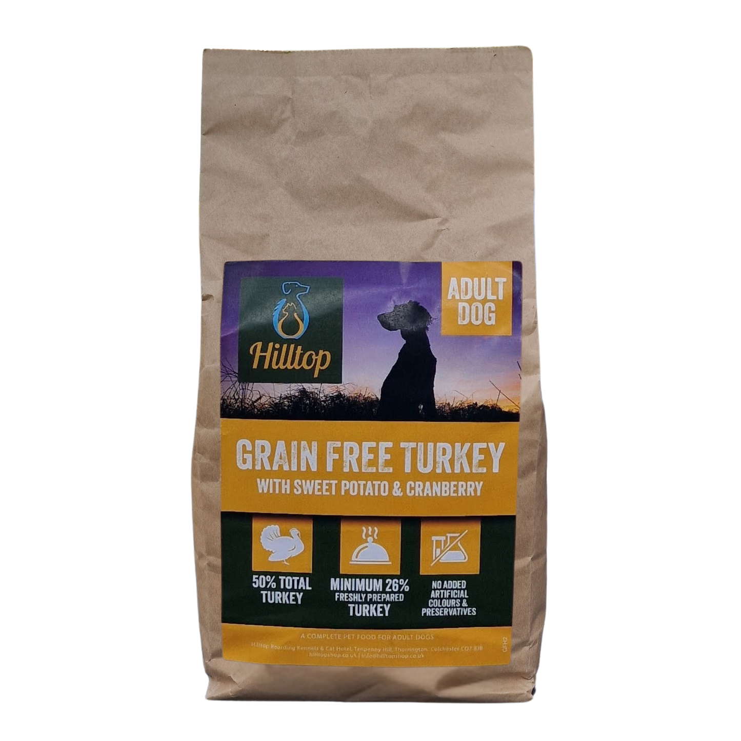 Hilltop Pet Food Grain Free Adult Dog Food—Turkey, Sweet Potato & Cranberry, with omega-3 benefits.