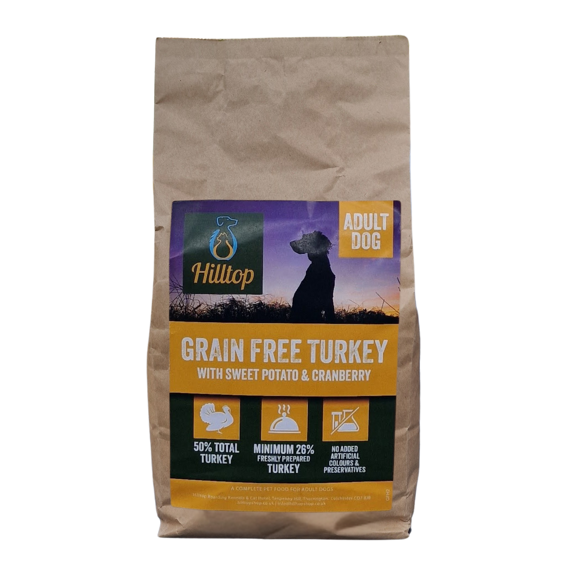 Hilltop Pet Food Grain Free Adult Dog Food—Turkey, Sweet Potato & Cranberry, with omega-3 benefits.