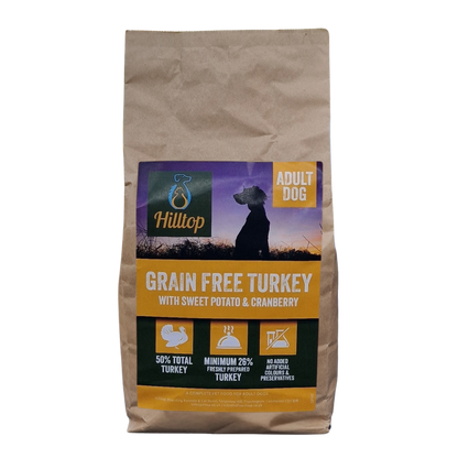 Hilltop Pet Food Grain Free Adult Dog Food—Turkey, Sweet Potato & Cranberry, with omega-3 benefits.