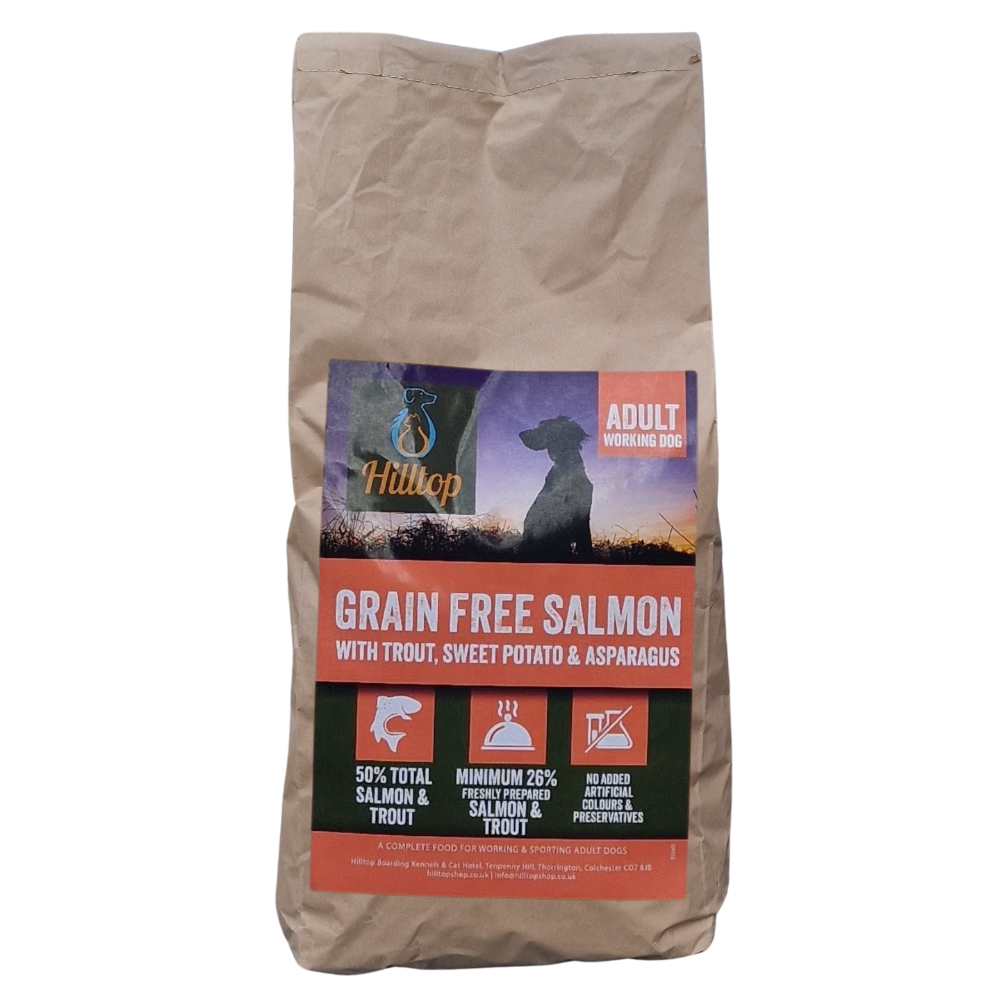 Bag of Hilltop grain-free dog food with salmon, trout, sweet potato, and asparagus ingredients on a white background.