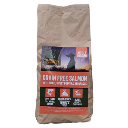 Bag of Hilltop grain-free dog food with salmon, trout, sweet potato, and asparagus ingredients on a white background.