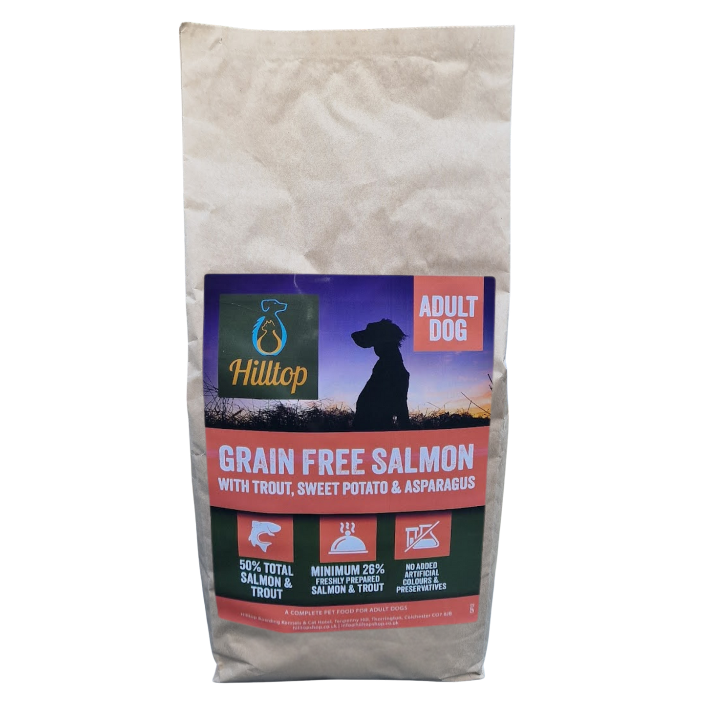 2kg bag of Hilltop Grain Free Salmon dog food on a transparent background