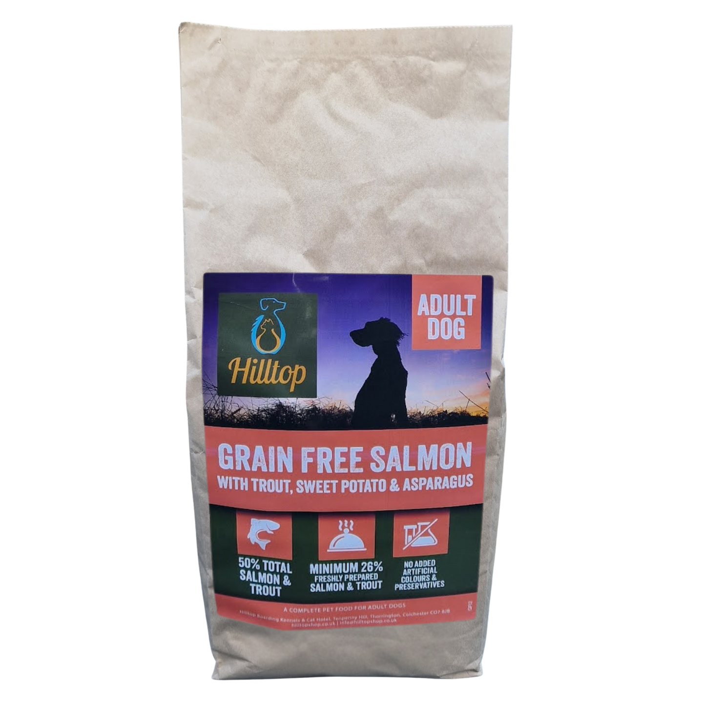 2kg bag of Hilltop Grain Free Salmon dog food on a transparent background