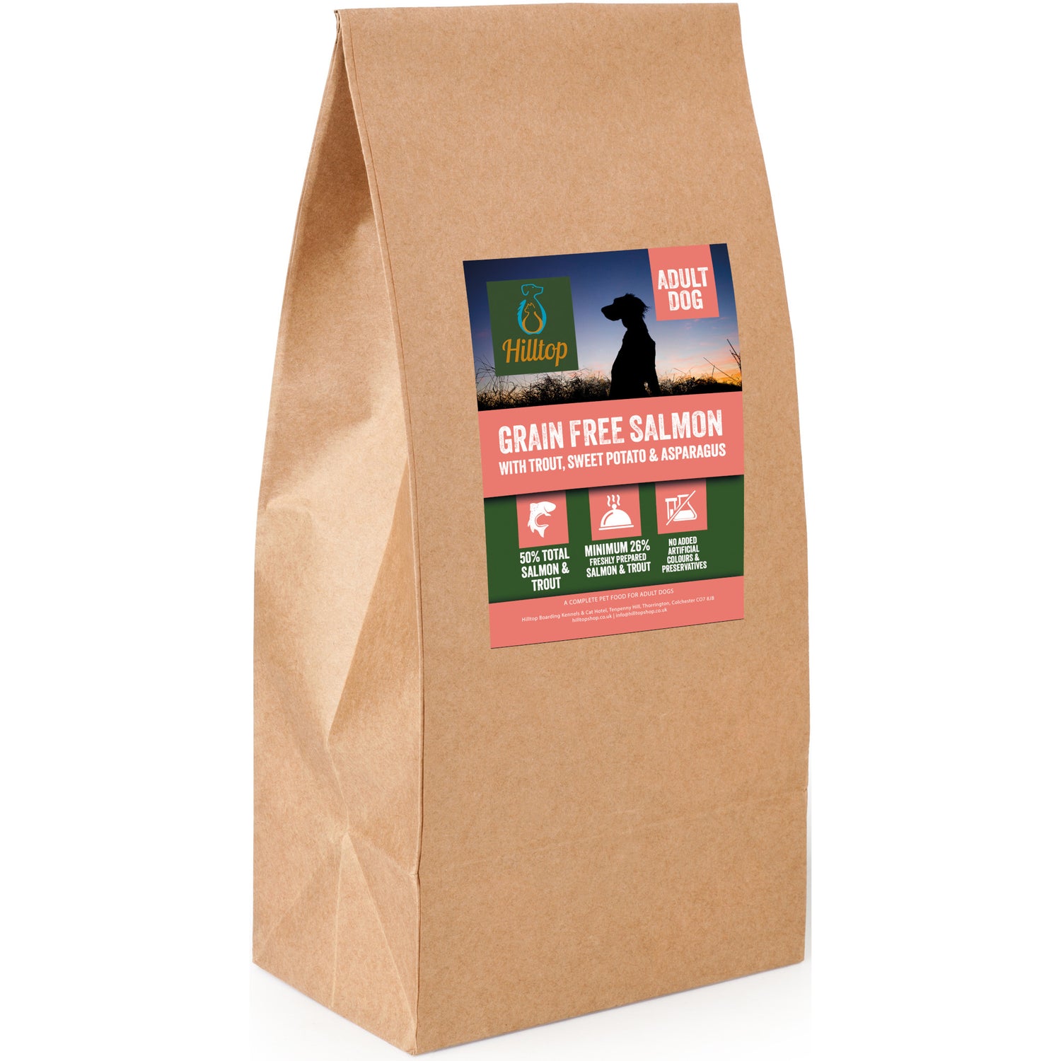 Brown paper bag of Hilltop Adult Dog Grain Free Salmon food with colorful label and silhouette of a dog.