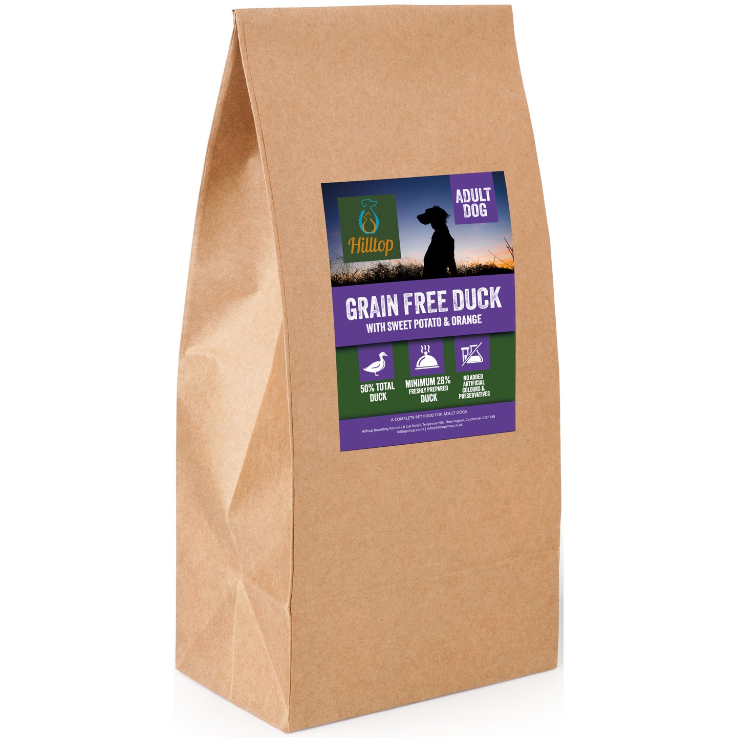 Hilltop Pet Food Grain Free Adult Dog Food – Duck, Sweet Potato & Orange supports adult dogs digestive health.