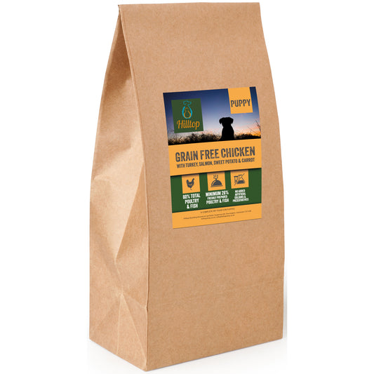 A brown Hilltop Pet Food bag of Grain Free Puppy Dog Food—Chicken, Turkey, Salmon, Sweet Potato & Carrot on label.