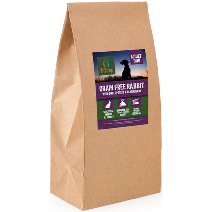 A brown paper bag of Hilltop Pet Food Grain Free Adult Dog Food - Rabbit with Turkey, Sweet Potato & Blackberry.