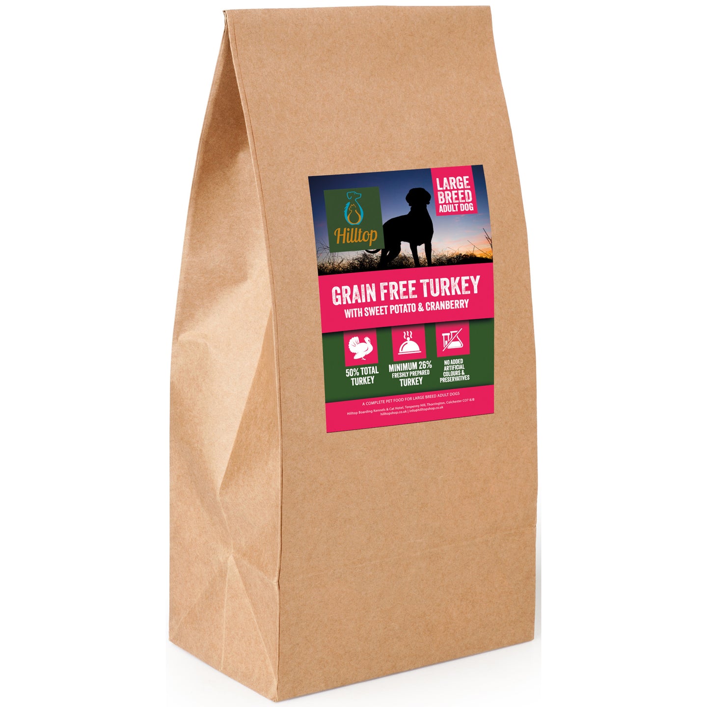 A brown bag of Hilltop Pet Food Grain Free Large Breed Dog Food with turkey, sweet potato & cranberry, red label.