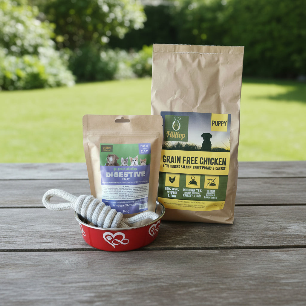 A bag of Hilltop Grain Free Chicken with Turkey & Salmon dog food for puppies and a pouch of Hilltop Probiotic Digestive treats are displayed on a wooden table next to a red bowl with a rope toy.