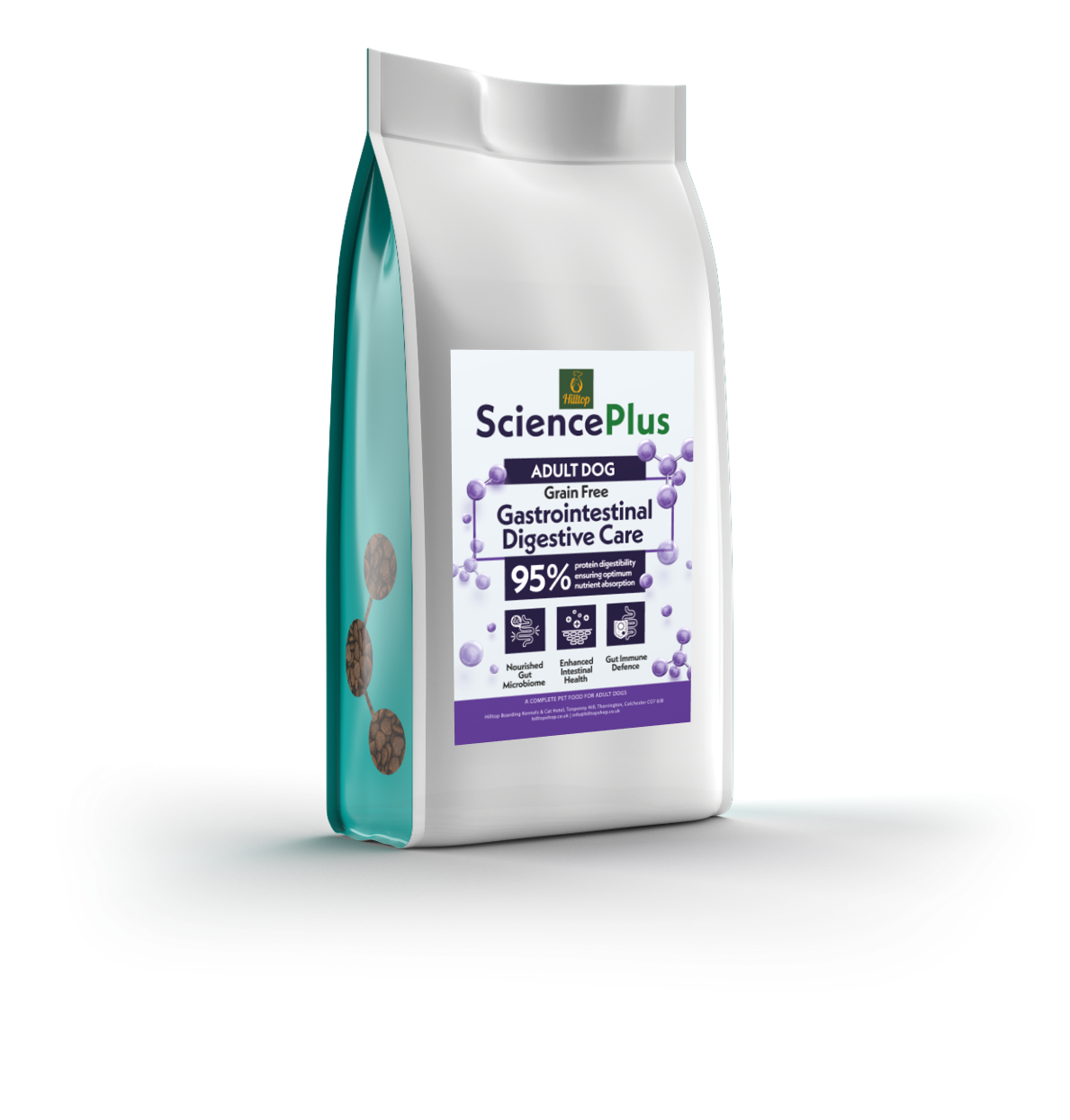 A bag of Hilltop Science Plus Gastrointestinal Digestive Care dog food from Hilltop Pet Food.