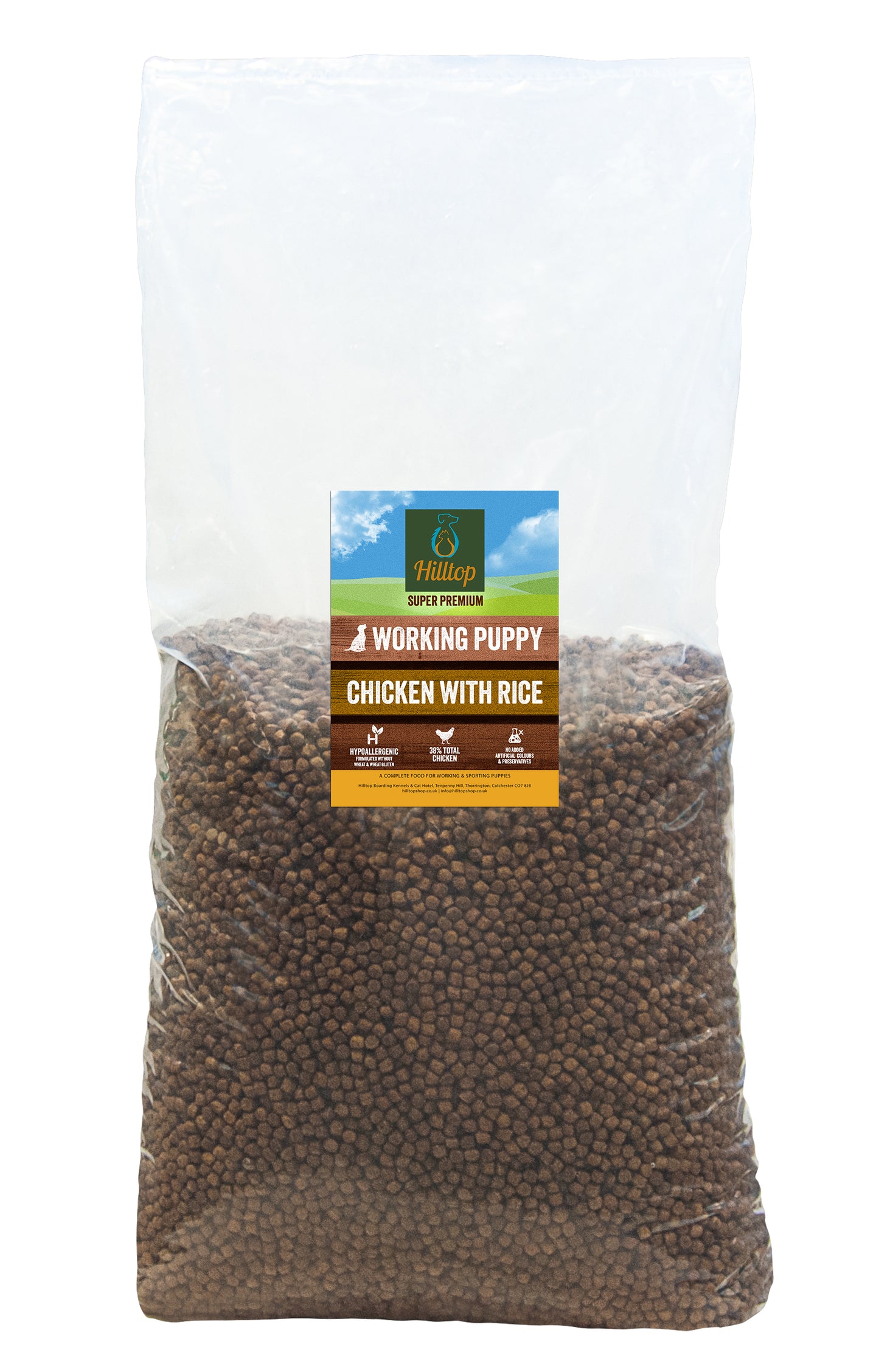 A large clear bag of Hilltop Pet Food Super Premium PUPPY Chicken & Rice, showing brown kibble inside.