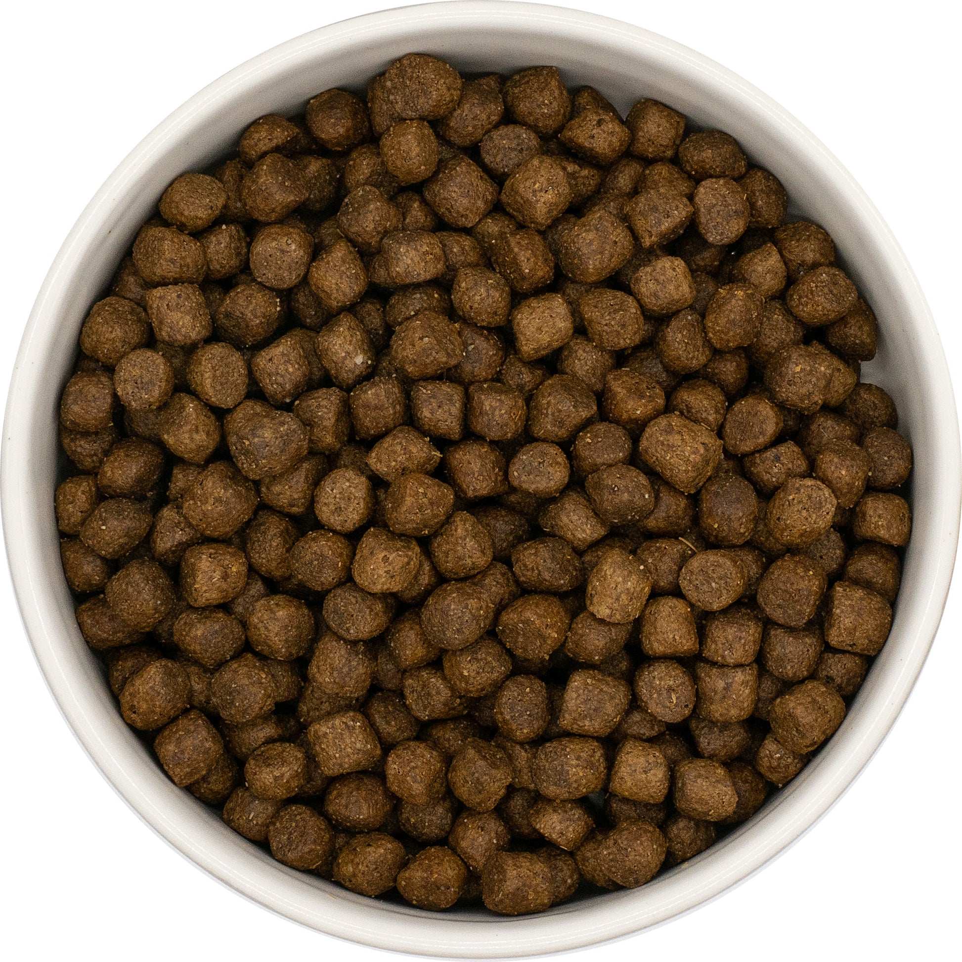 Round white bowl with Hilltop Super Premium Puppy Dog Food - Chicken & Rice by Hilltop Pet Food, viewed from above.