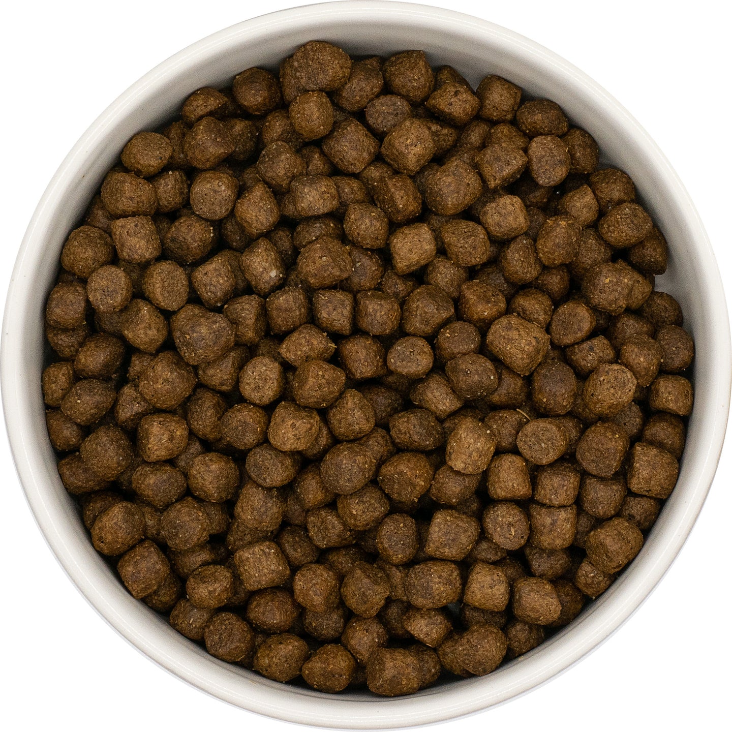 Round white bowl with Hilltop Super Premium Puppy Dog Food - Chicken & Rice by Hilltop Pet Food, viewed from above.