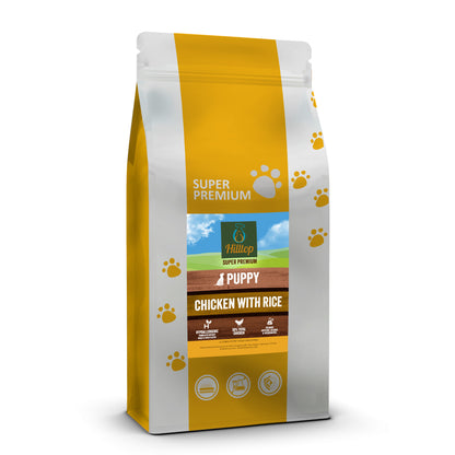 Yellow and white Hilltop Pet Food Super Premium Puppy Dog Food, Chicken & Rice, with paw prints and details.