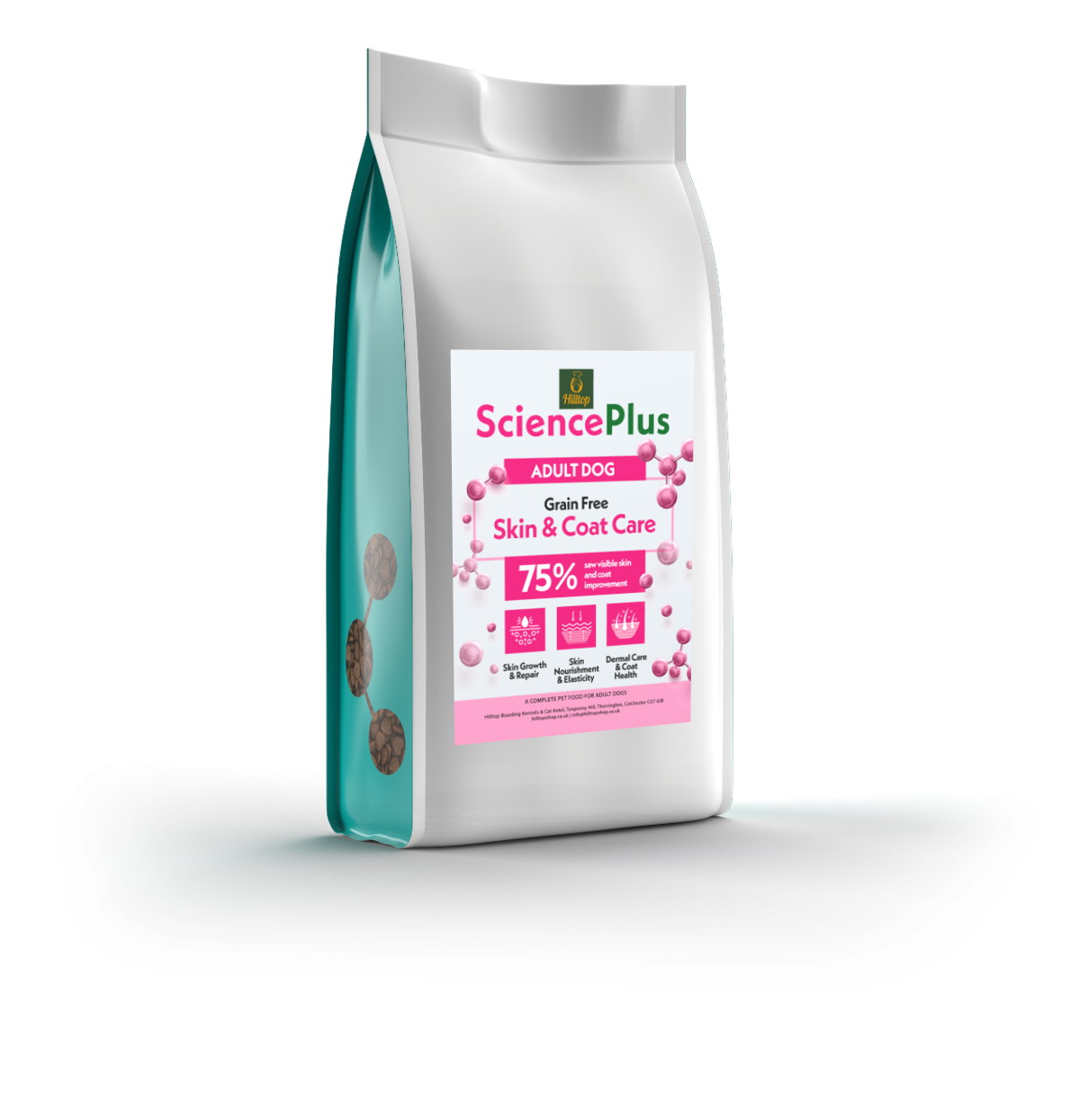 Hilltop Science Plus Skin and Coat Care dog food by Hilltop Pet Food, with a pink and white label, for allergies.