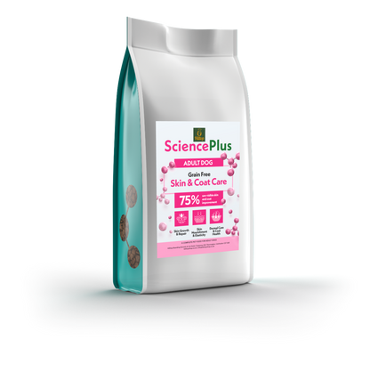 Hilltop Science Plus Skin and Coat Care dog food by Hilltop Pet Food, with a pink and white label, for allergies.