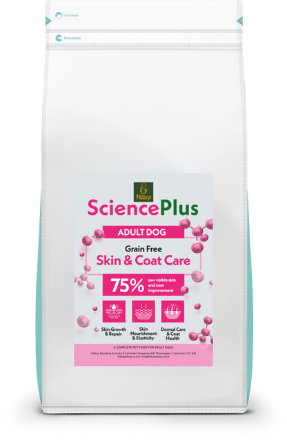 White bag of Hilltop Science Plus Skin and Coat Care dog food by Hilltop Pet Food, hydrolysed salmon for allergy control.