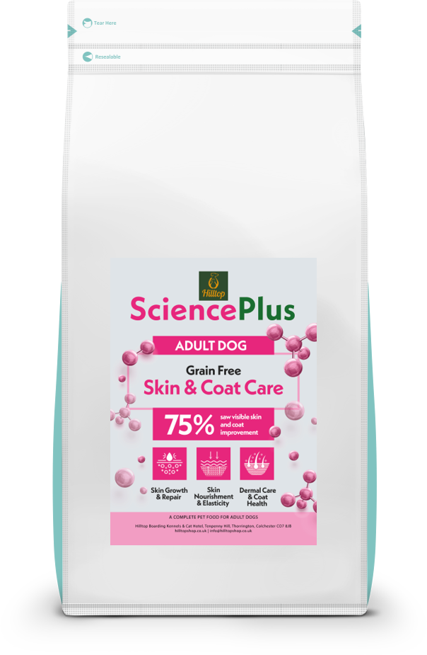 White bag of Hilltop Science Plus Skin and Coat Care dog food by Hilltop Pet Food, hydrolysed salmon for allergy control.