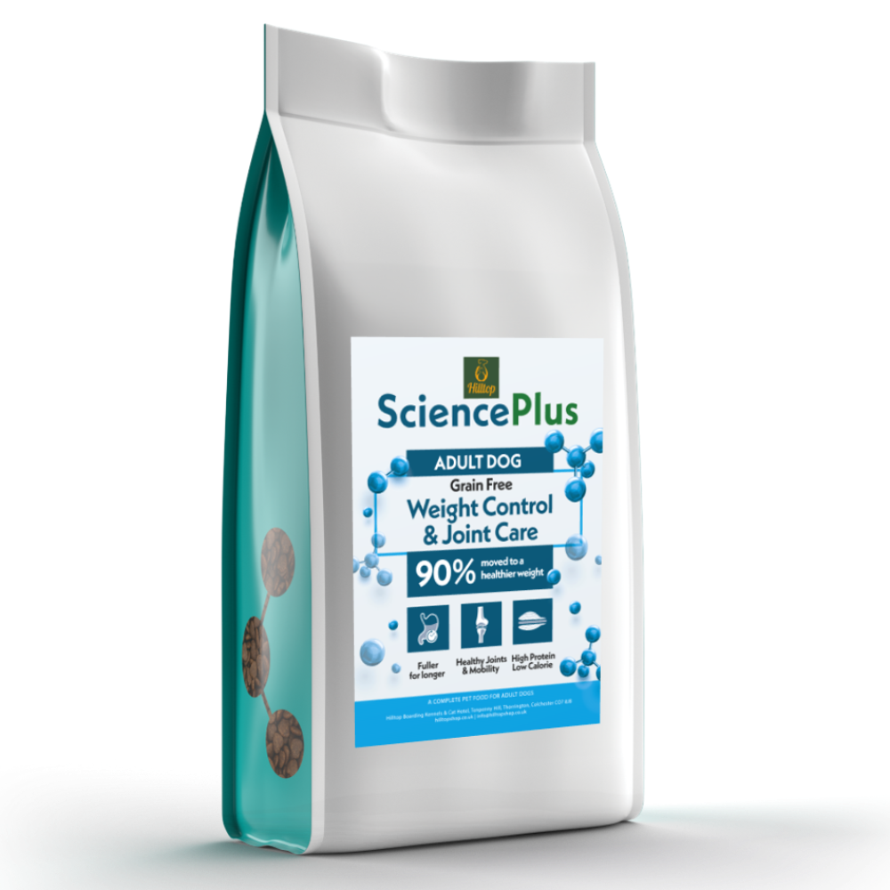 A bag of Hilltop Science Plus dog food with a label that includes the text 'Weight Control & Joint Care'.
