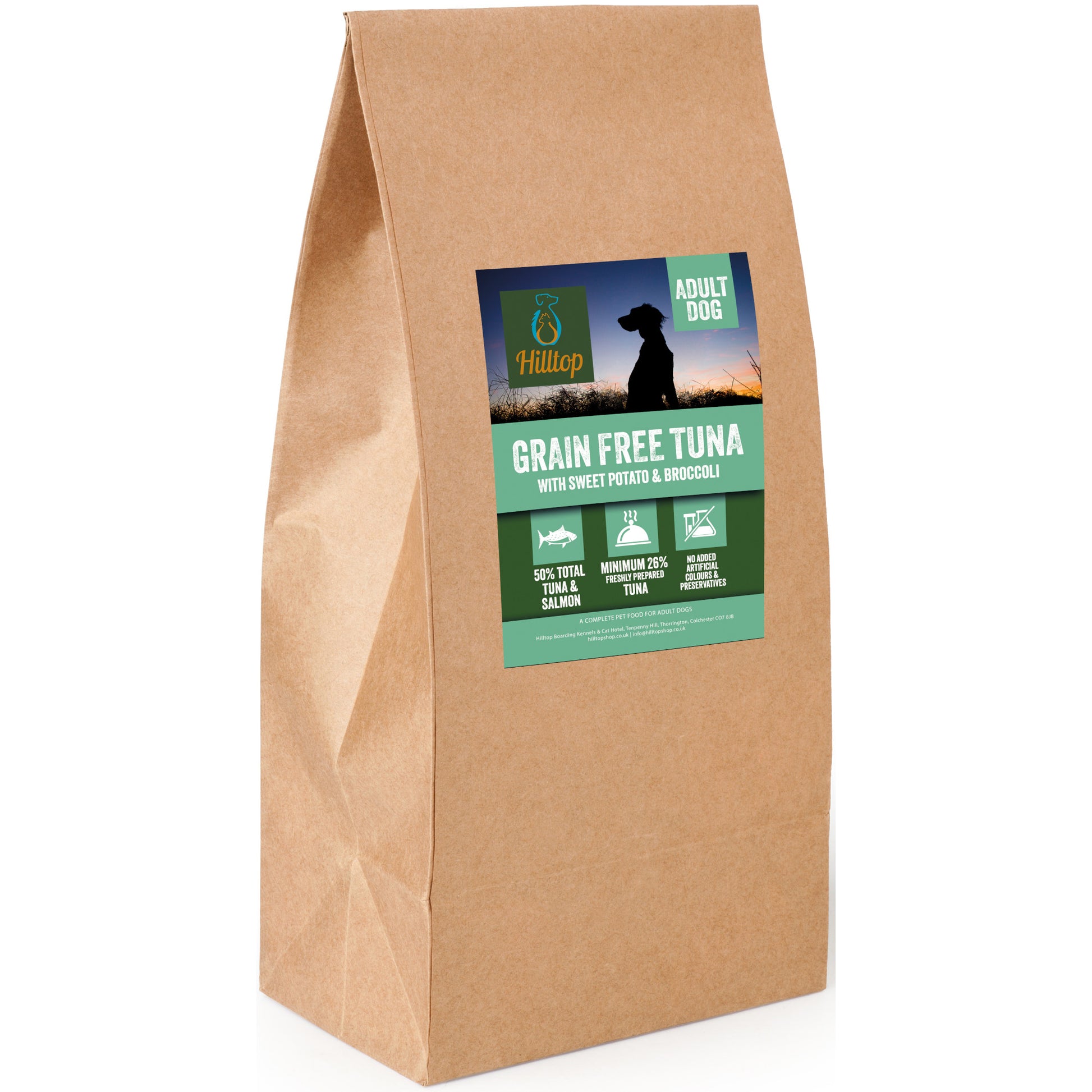 Brown bag of Hilltop Pet Food Grain Free Adult Dog Food—Tuna, Sweet Potato & Broccoli, with label on front.