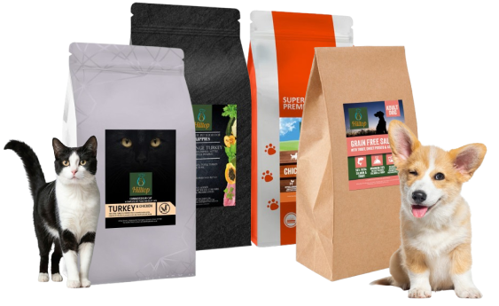 A cat and a puppy sit in front of four different bags of pet food with various labels and colors.