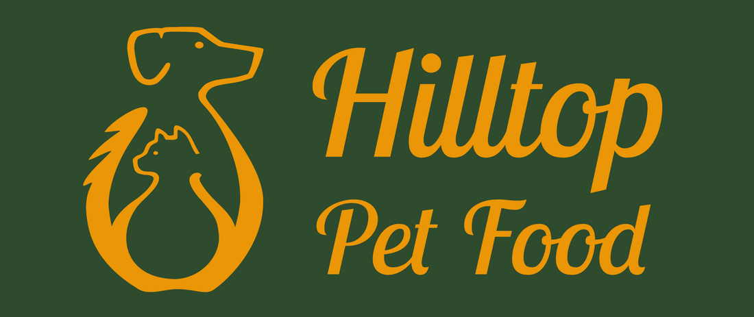 Hilltop Pet Food logo with stylized dog and cat shapes on a green background