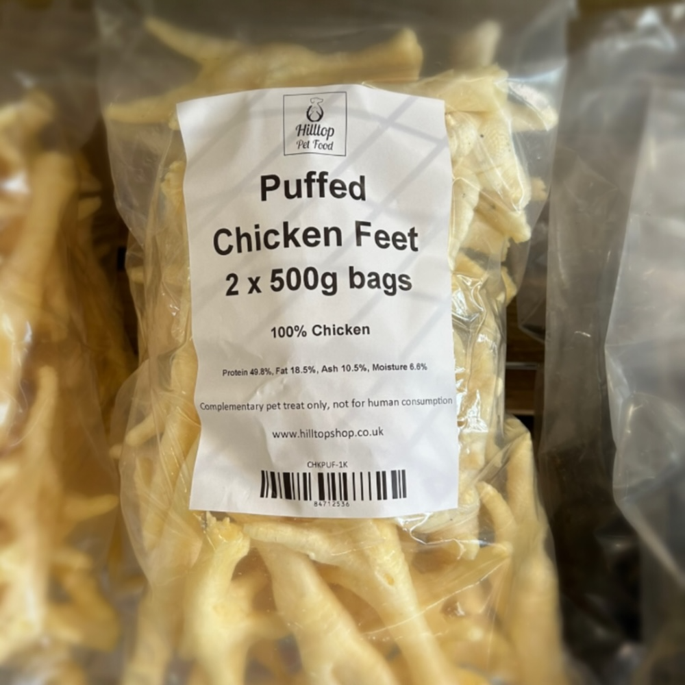 Packaged puffed chicken feet with a label on a clear background