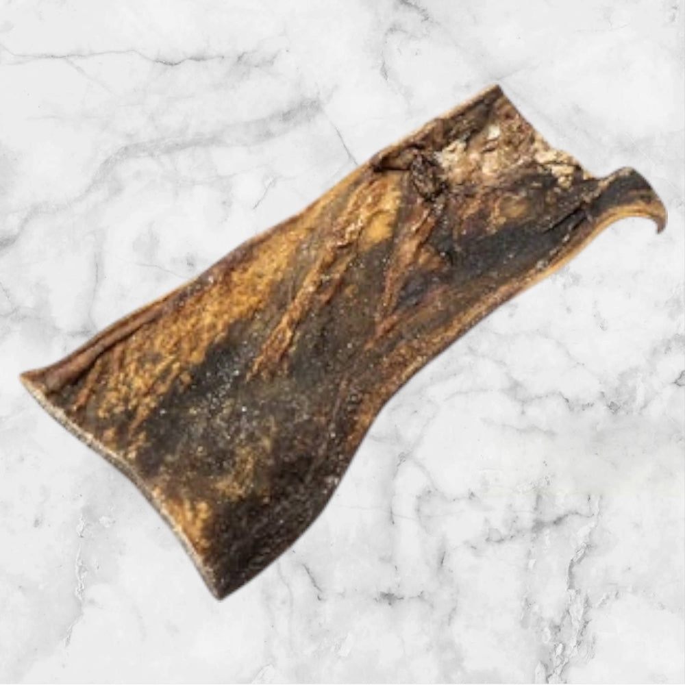 A single Hilltop Pet Food Camel Skin natural dog chew on a white marble surface.