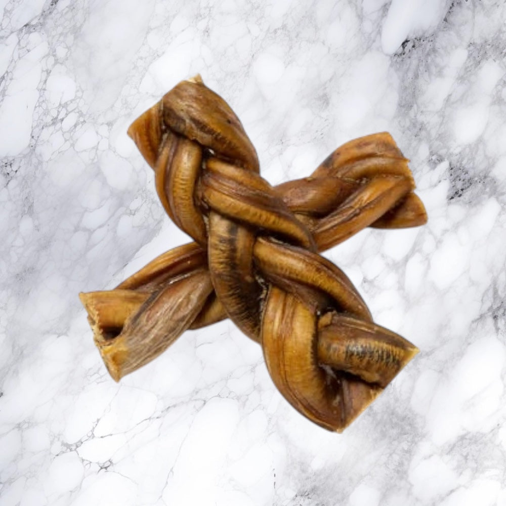 A Hilltop Pet Food Braided Pizzle Bully Stick dog treat rests on a white marble surface.