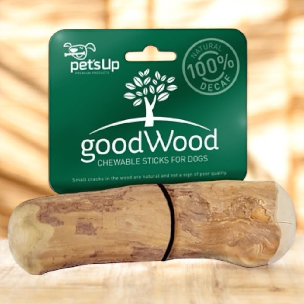 The goodWood Coffee Wood Chewable Stick for Dogs by Hilltop Pet Food features green packaging with a tree logo.