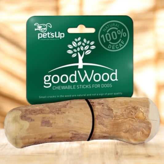 The goodWood Coffee Wood Chewable Stick for Dogs by Hilltop Pet Food features green packaging with a tree logo.