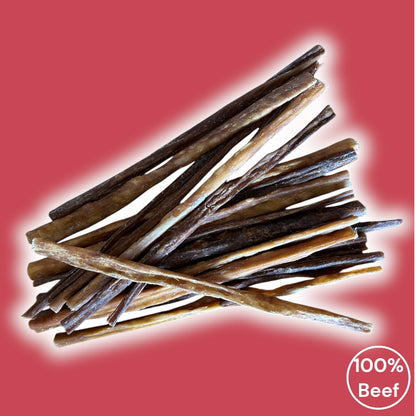 Dog chew sticks on a red background with '100% Beef' text.