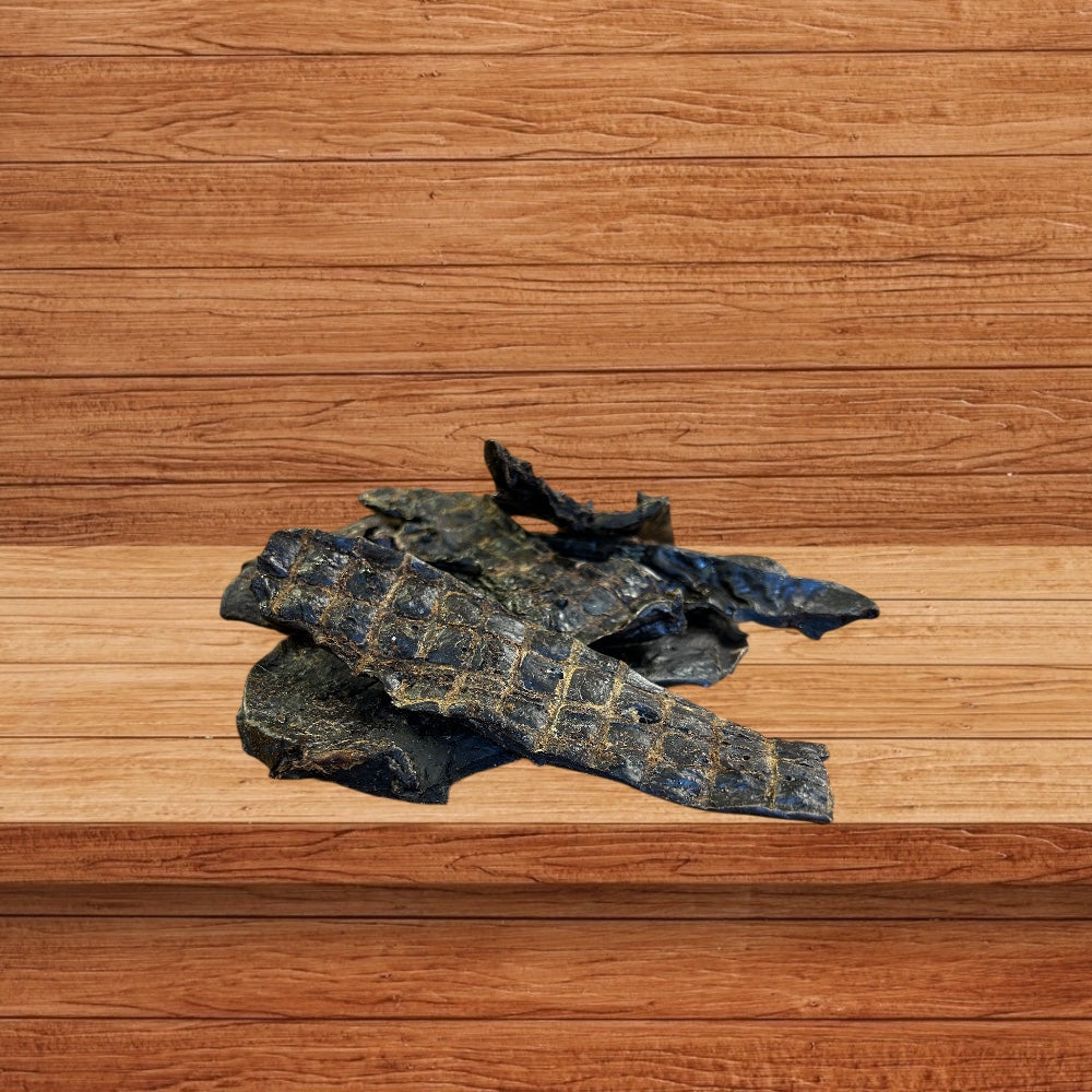 Beef Spleen dog treats stacked on a wooden shelf 
